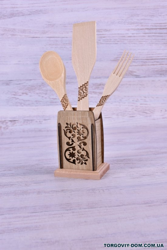 Кухонный деревянный набор (подставка, лопатка, ложка, вилка) арт.1058